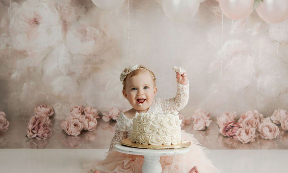 baby girl first birthday cake smash pink roses and balloons Lansdale