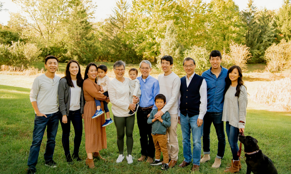 Extended family group picture at the park with dog Lower Gynwedd Lansdale Family and Newborn Photographer