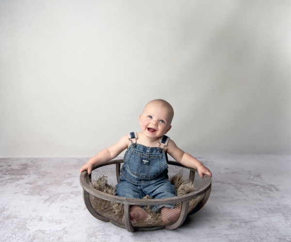 Milestone baby boy sitting in basket